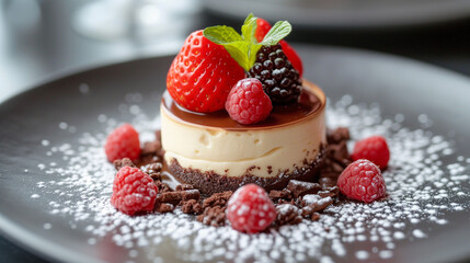 Small personal size custard pie with berry topping and chocolate base.