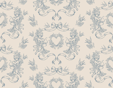 Romantic hand drawn  Love Theme Tattoo art  seamless pattern. Cupid and Angel , Heart,  butterfly, rose in trendy retro style.