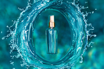 Freshness. Hydration cosmetics concept. Transparent empty glass bottle with a dispenser for cream, lotion or perfumes in the water splash. Hydro therapy.