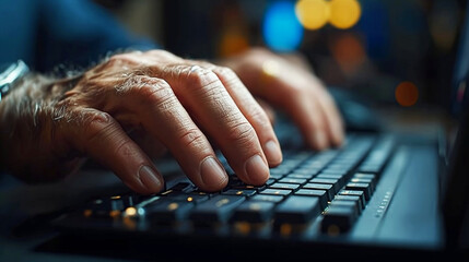 elderly person's hands type on a laptop keyboard, highlighting the use of technology across generations