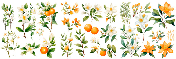 Set of botanical watercolors clipart, showcasing orange blossoms, leaves, and branches, isolated on transparent background