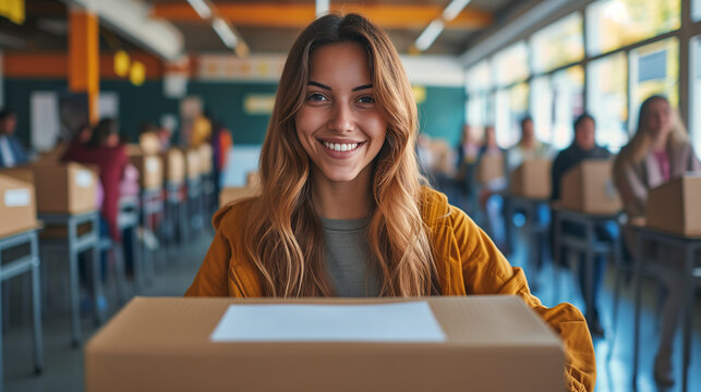 Young woman voting in person inside a polling place on the day of election.