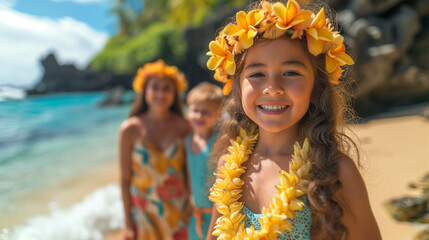 Kids on the beach with traditional Hawaiian Lei Garland necklaces waiting for a Luau meal.