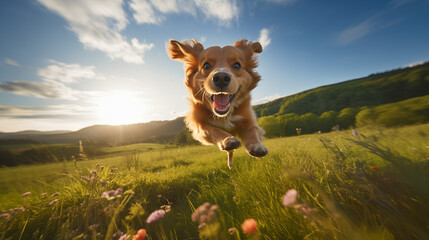 A puppy happily running in the grass