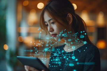A young Asian girl is working on a tablet using a digital hologram