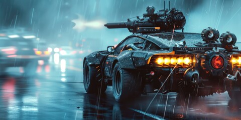 A Car of Tomorrow, Equipped with a Mounted Minigun on the Hood, Set Against a Blurred Battle Background, Portraying a Scene of High-Tech Conflict. - obrazy, fototapety, plakaty