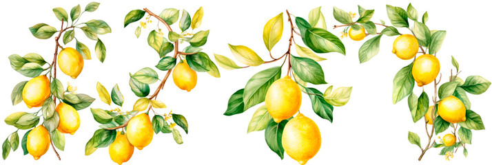 Set of watercolor lemon leaves and lemons, isolated on transparent background - obrazy, fototapety, plakaty