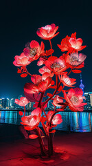 Lit up flowers at night view with cityscape background chinese new year festivities street