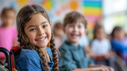 Group of happy students in a special needs class. Disabled but happy, sitting in wheel chair.