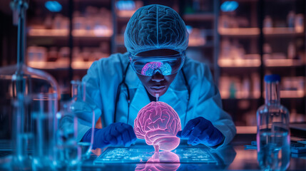 Scientist carefully inserts microchip into holographic human brain model in a state-of-the-art lab