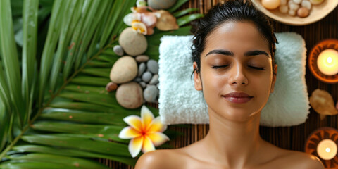 Indian young woman in spa ayurvedic salon relaxing after taking massage treatment with her eyes closed. Care about yourself beauty ayurveda treatment procedures concept. Body skin and hair care