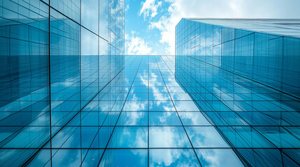 Looking up office buildings in downtown. Reflections blend in the clouds of the sky with the architecture.