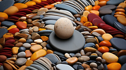 Capturing tranquility: Overhead shot featuring a serene arrangement of zen stones, a geometric spiral, and gravel evoking a sense of peace.