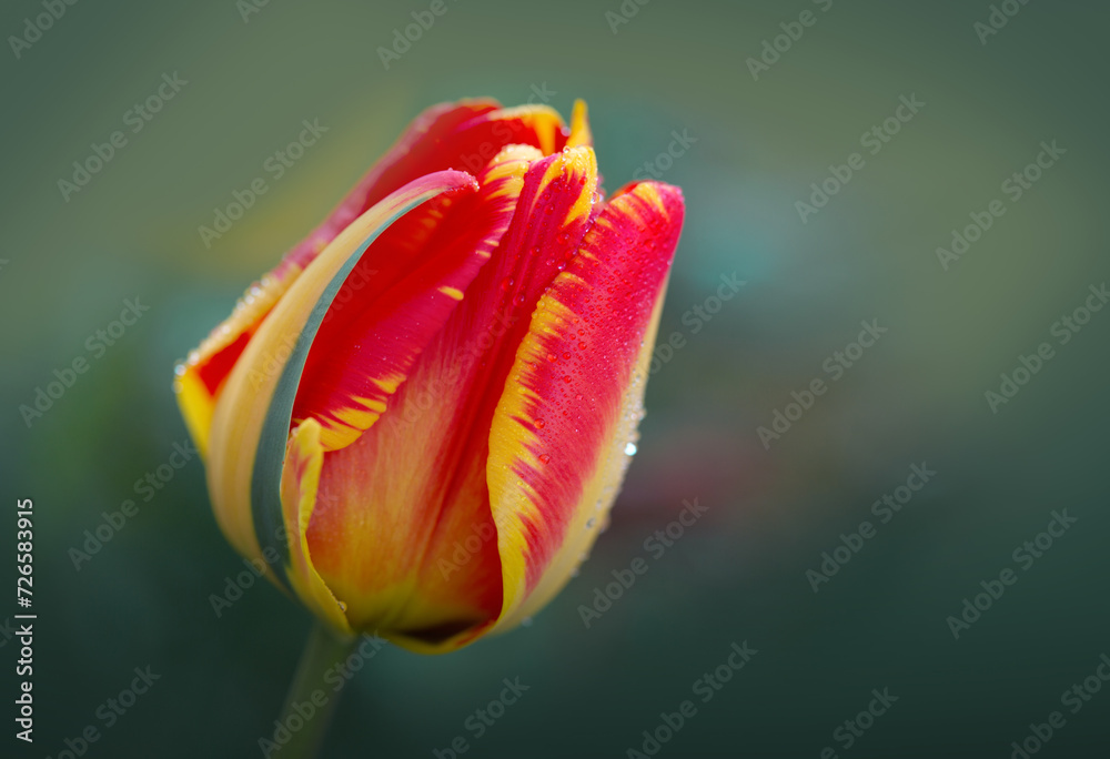 Wall mural Red tulip isolated on green, macro photo