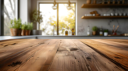 A wooden table in front of a blurred background of a kitchen with shelves and a window.