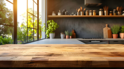 A wooden table in front of a blurred background of a kitchen with shelves and a window.