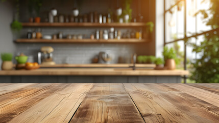 A wooden table in front of a blurred background of a kitchen with shelves and a window. - obrazy, fototapety, plakaty