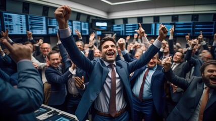 group of men on a stock exchange floor enthusiastically celebrating a successful trade or investment. - obrazy, fototapety, plakaty