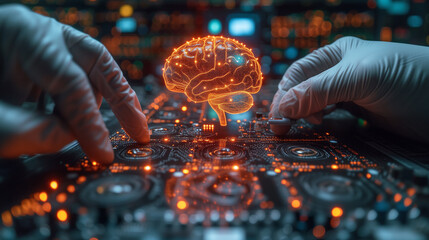Scientific innovation in progress as a microchip is integrated into digital model of human brain - obrazy, fototapety, plakaty