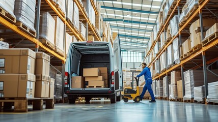 warehouse worker in a blue uniform loading boxes into the back of a van in a large warehouse with shelves full of goods.