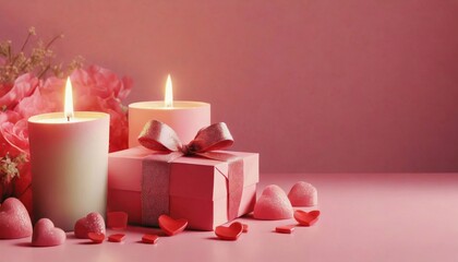 Burning candles, gift and rose petals. Valentine's day holiday