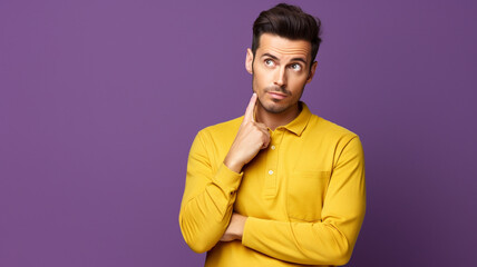 Obraz premium Photo of thoughtful dreamy man dressed yellow shirt pointing one thumbs looking away isolated on purple color background. 