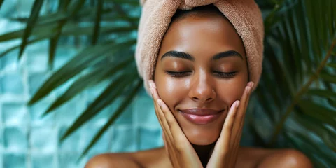Papier Peint photo Lavable Spa African American young woman in spa salon relaxing after taking massage treatment with her eyes closed. Care about yourself beauty treatment procedures concept. Body skin and hair care