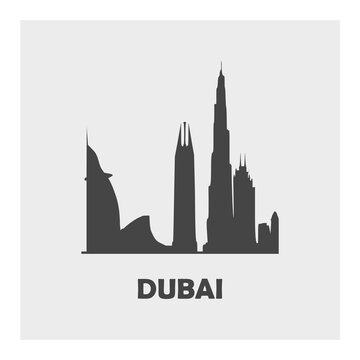Black Dubai city on white background.