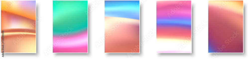 Wall mural set of colorful hologram paper card. abstract holographic wavy gradient mesh color backgrounds.