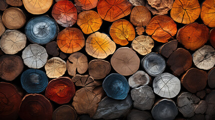 Background. Stacked cut tree trunk Pattern with intricate, earthy tones. The rough texture and...