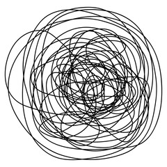 A ball of tangled lines. Sketch. Chaotic scattered doodles. Black and white vector illustration. Hand sloppy drawing. A ball of tangled threads. Outline on isolated background. Idea for web design.