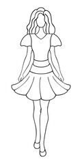 The girl is walking. Sketch. Vector illustration. Lady in a blouse with bell sleeves and a fluffy short flared skirt. Doodle style. Woman with wavy hair. Outline on isolated background. Coloring book 