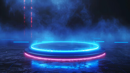 A pink neon circle stands over a circular platform in a dark space. The platform is surrounded by pink smoke.