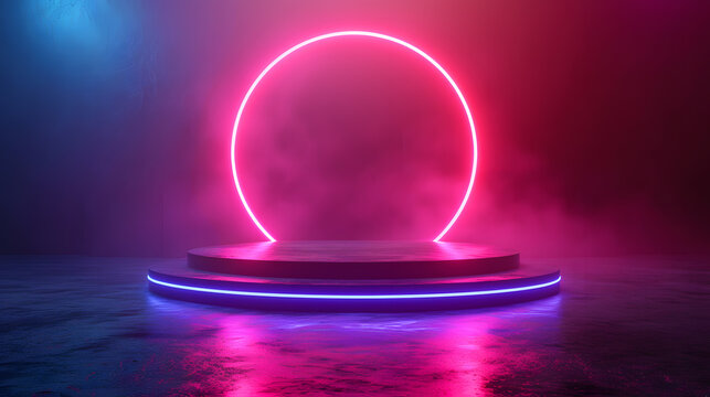A pink neon circle stands over a circular platform in a dark space. The platform is surrounded by pink smoke.