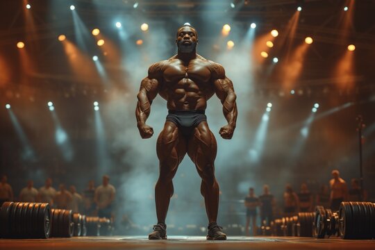 A bodybuilder on a competition stage, striking a classic bodybuilding pose.