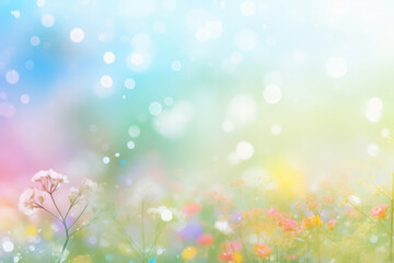 Beautiful multicolored spring meadow background with wild flowers and bokeh lights