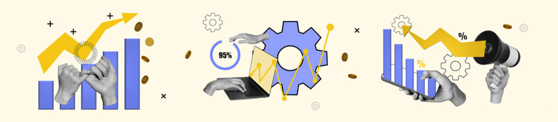 Creative panorama collage illustration of financial operations analysis diagram and statistics...