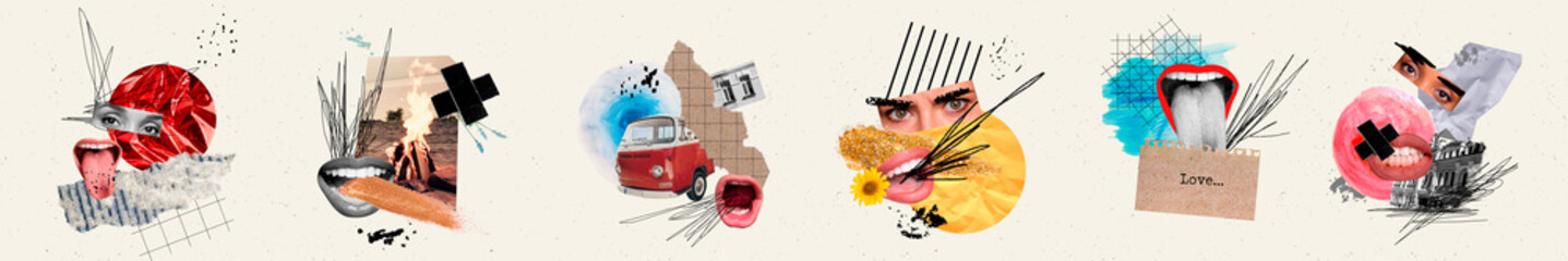 Surreal abstract collage panorama of stick tongue out fireplace at trip with retro car explore new cities isolated on beige background