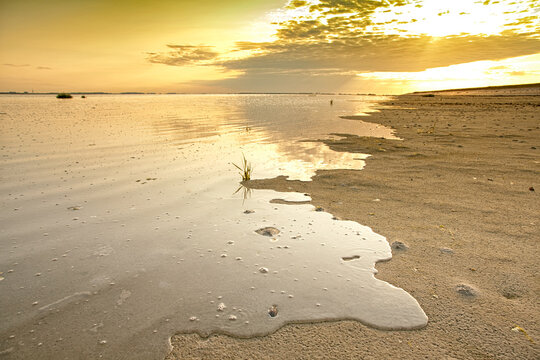 Ondergaande zon met reflectie van de wolken over de Oosterschelde in Nederland. Het zeewater stroomt tijdens het opkomende getijde over de schorren.
