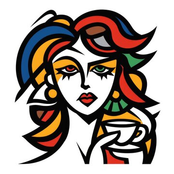 Woman with a cup of coffee in bright pop art style.