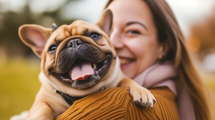 A happy laughing woman holds a French bulldog dog in her arms outdoors. Happy funny dog is sitting in arms. Horizontal photo. Warm light.