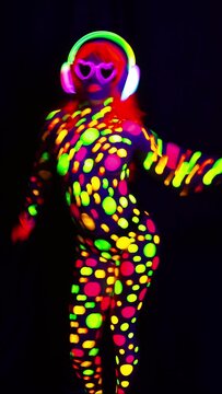 Female dancer in glow UV costume vertical