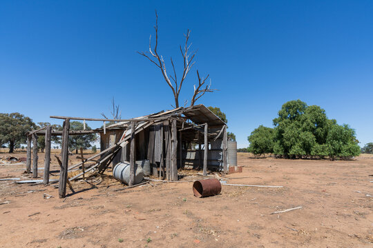 A broken down farm shed in a dry paddock at Campbells, Forest in Central Victoria.