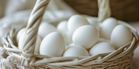 A Basket Brimming with Fresh White Eggs, Capturing the Essence of Farm-Fresh Simplicity and Culinary Potential.