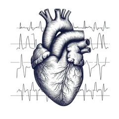 Electrocardiograma del corazón, boceto ilustrado del ritmo cardíaco. Open heart, heart rate, rhythm, organic view, concept draw, vital pulse, graphic design, give life, thanks, pray, cardio exercise