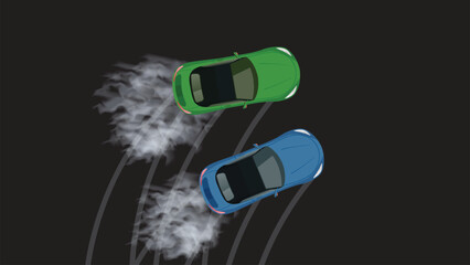 top view flat cartoon of car vehicle drift racing in curve road