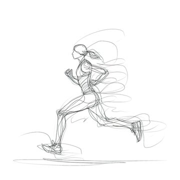 Dibujo esquem&aacute;tico de la silueta de una mujer corriendo, aprender a dibujar, trazos a mano alzada, lienzo en blanco, l&aacute;pices, ilustraci&oacute;n, boceto, articulado, modelo, maniqu&iacute;, s&iacute;mbolo, deportivo, vida