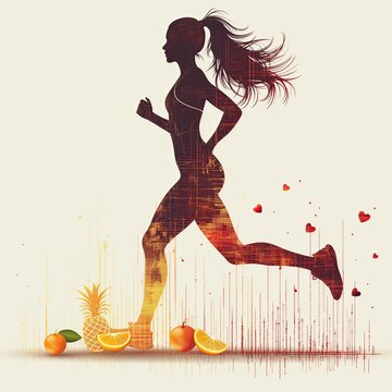 Chica corriendo, frutas, corazones, marcadores de salud, estilo de vida activo, medici&oacute;n de riesgos, actividad elevada, disminuci&oacute;n de enfermedades cardiovasculares, en tonos negros y colores c&aacute;lidos 