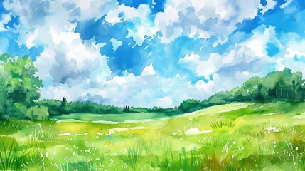 Fototapeta premium Watercolor green grass and blue sky with clouds