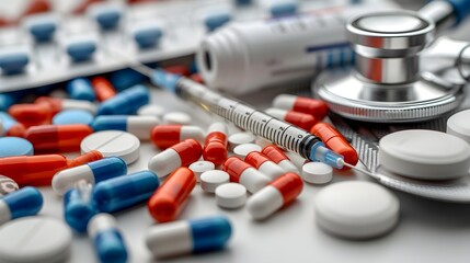 image of pills, stethoscope, syringe with thermometer. medicine, health, healthcare and healthcare products concept 